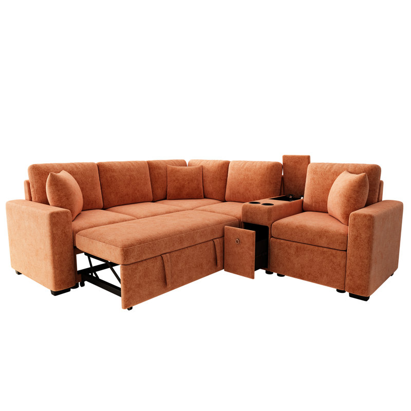 Lit convertible en L de 306 cm avec lit gigogne, rangement astucieux, porte-gobelets et revêtement en chenille douce pour une ambiance relaxante dans votre salon orange. Optimisation de l'espace et du rangement.