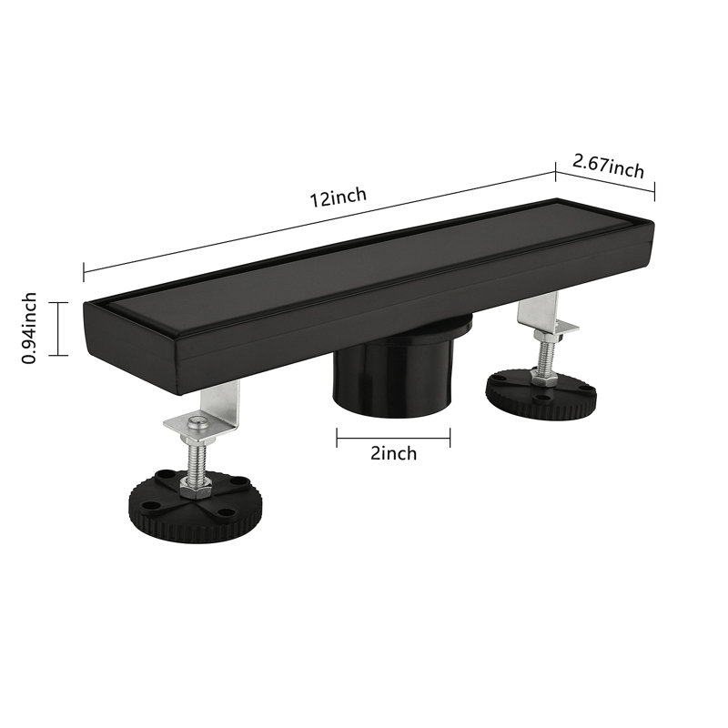 Drain de douche linéaire de 12 pouces, crépine incluse et pieds de nivellement inclus, Noir mat