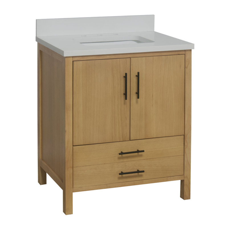 Ensemble de meuble-lavabo simple 30 po Kiara, Quartz blanc, Placage blond