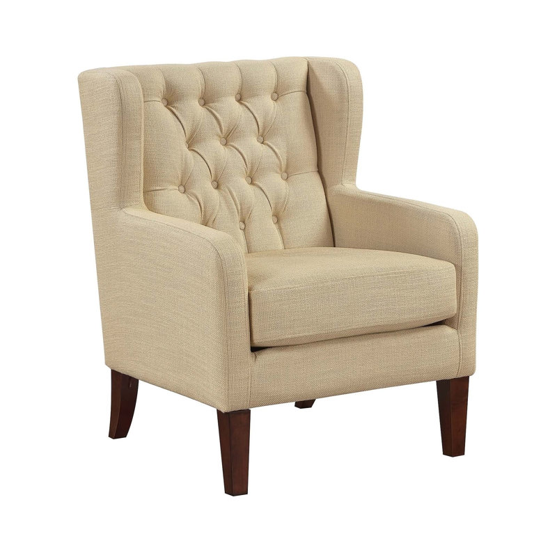 Fauteuil à oreilles classique avec rembourrage capitonné et pieds en bois massif pour un confort d'assise luxueux, Beige