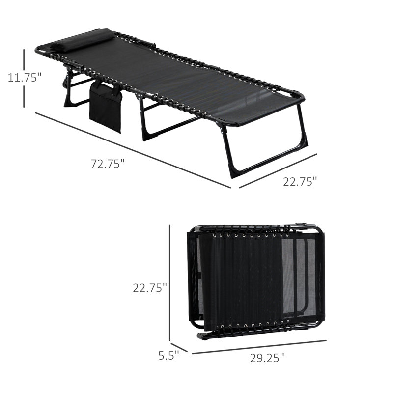 Chaise longue réglable réglable - Coussin amovible pour chaise longue de plage, poche latérale pour chaise de plage noire, lit de bronzage portatif, patio et jardin. . Noir Lit de camping. Capacité de charge de 264 lb.