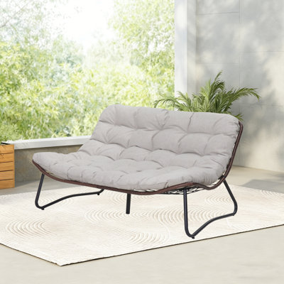 Double Papasan Chair, Outdoor Indoor Loveseat with Thick Tufted Cushion, Weather-Resistant Wicker with Sturdy Metal Frame, Oversized Double Papasan Chair for Patio, Garden, Living Room, Beige