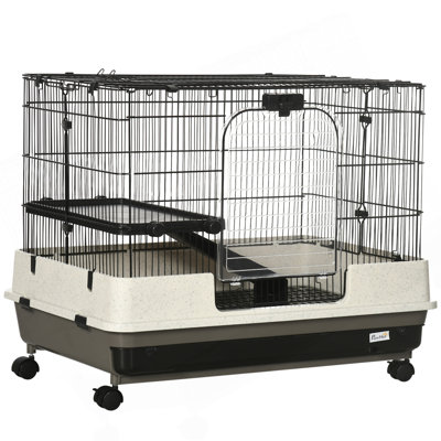26" Small Animal Cage With Wheels, 2-Level Portable Bunny Cage, Chinchilla Ferret Cage With Removable Tray, Platform And Ramp