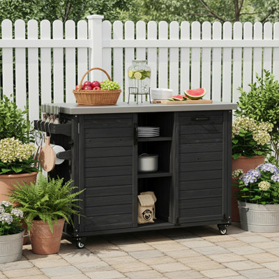 Îlot de cuisine en acier inoxydable avec table de barbecue pliable et rangement pour poubelle