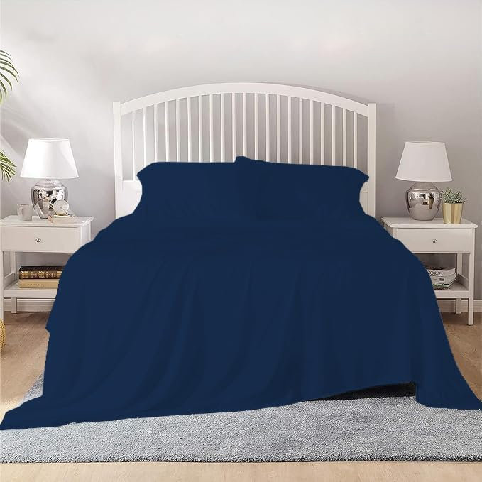 Ensemble de draps 100% coton égyptien pour lit double de très grande taille à densité de tissage 1000 fils pouvant accueillir un matelas jusqu'à une poche profonde de 18 po, taille très grand - Bleu marine uni