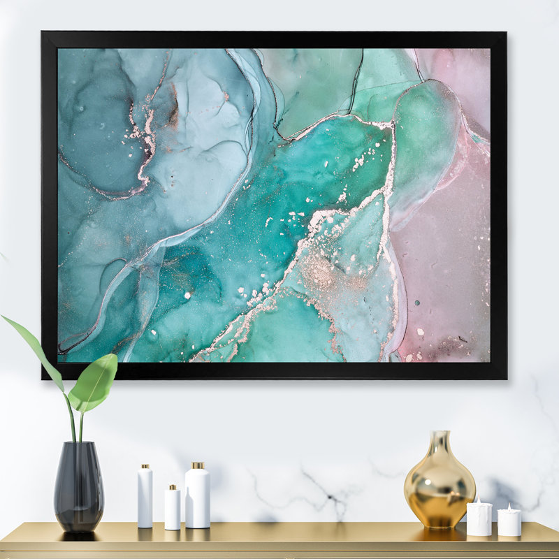 Marbre abstrait turquoise - peinture sur toile, Cadre d'angle fermé noir, H 24 po x l 32 po
