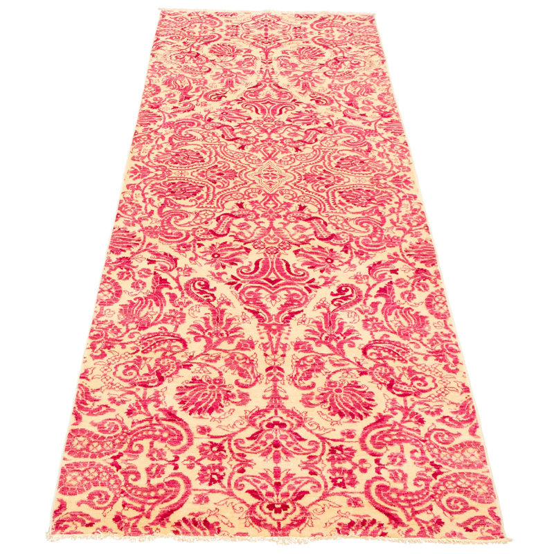 Tapis de couloir crème / rose en laine noué à la main de conception unique nouvel âge Lahore 4 pi 2 po x 12 pi Casimire