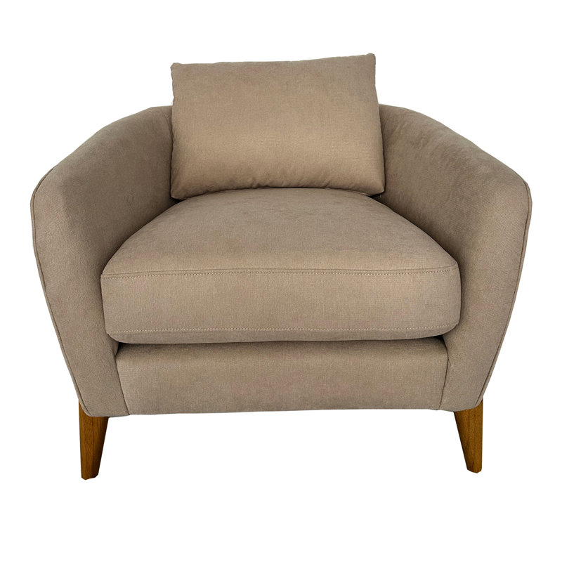 Fauteuil rembourré confortable, beige, en pin, une place avec coussin de dossier pour chambre, peu encombrant, style simple, assise mi-ferme, montage facile. Fauteuil moderne, coussin, structure, revêtement inclus.