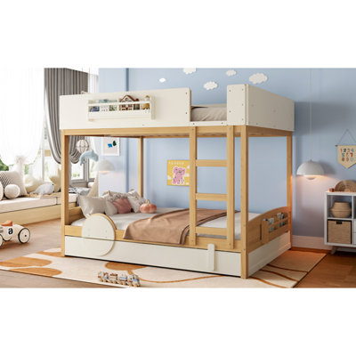 Grand lit superposé avec lit gigogne, cadre de lit superposé en bois avec bibliothèque intégrée et garde-corps de sécurité de haute qualité, conception de forme d'automobile pour enfants, beige naturel