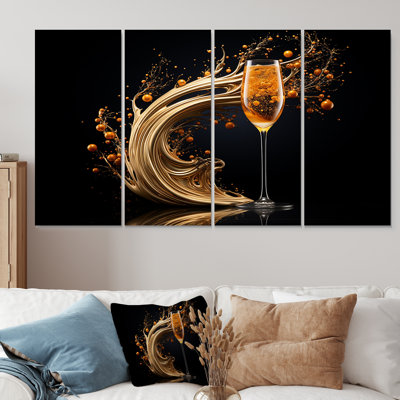 Champagne Spiral Glass Gold Splash - Champagne, art mural 4 pièces pour le salon