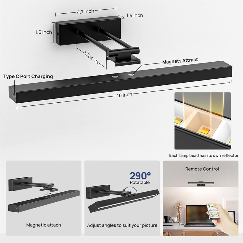 Battery Powered LED Wall Mount Picture Light, Matte Black