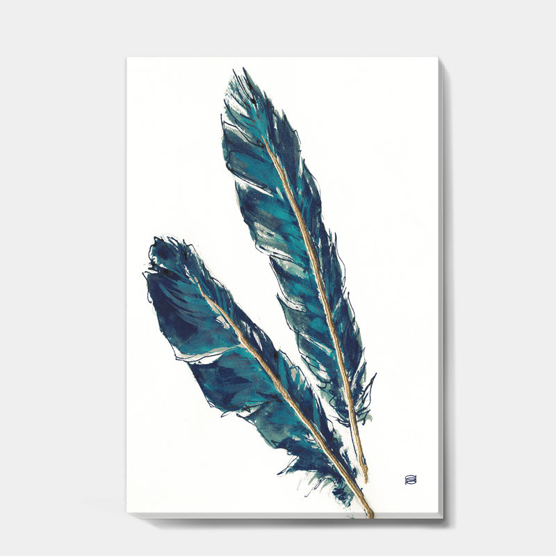 «Gold Indigo Feathers III», reproduction d'art sur toile tendue, H 40 po x l 30 po x 1,5 po