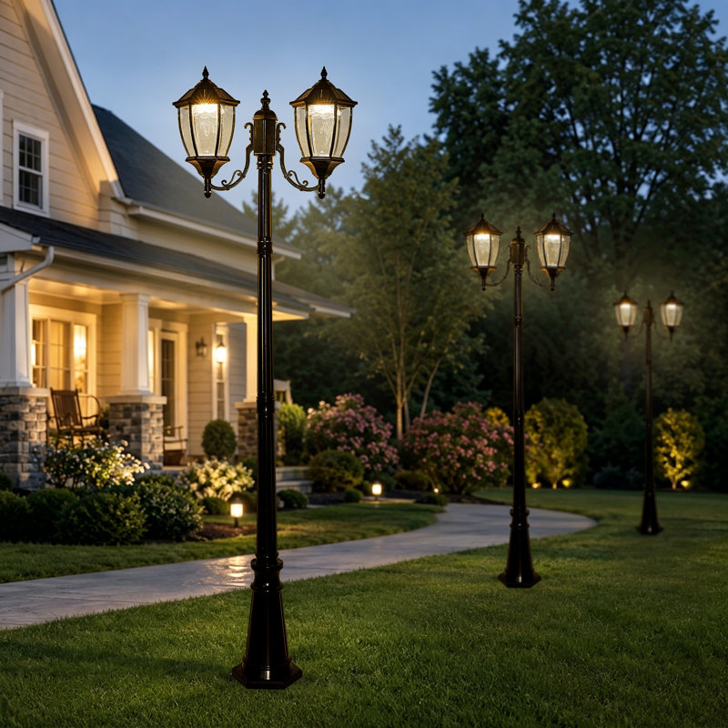 Lampadaire solaire d'extérieur à 2 têtes avec capteur de crépuscule à l'aube