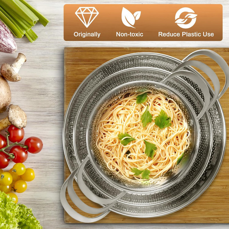 Passoire en métal pour la cuisine, passoire à aliments en acier inoxydable avec base surélevée, passoire à pâtes en maille perforée fine, robuste antirouille, cadre à bord large, base à anneau solide anti-basculement, poignées rivetées, va au lave-vaisselle