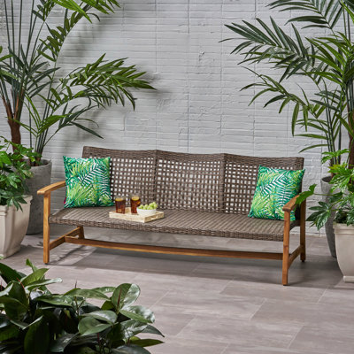 Outdoor Acacia Wood Wicker 3 Seater Sofa, Patio Furniture Conversation Set For Backyard