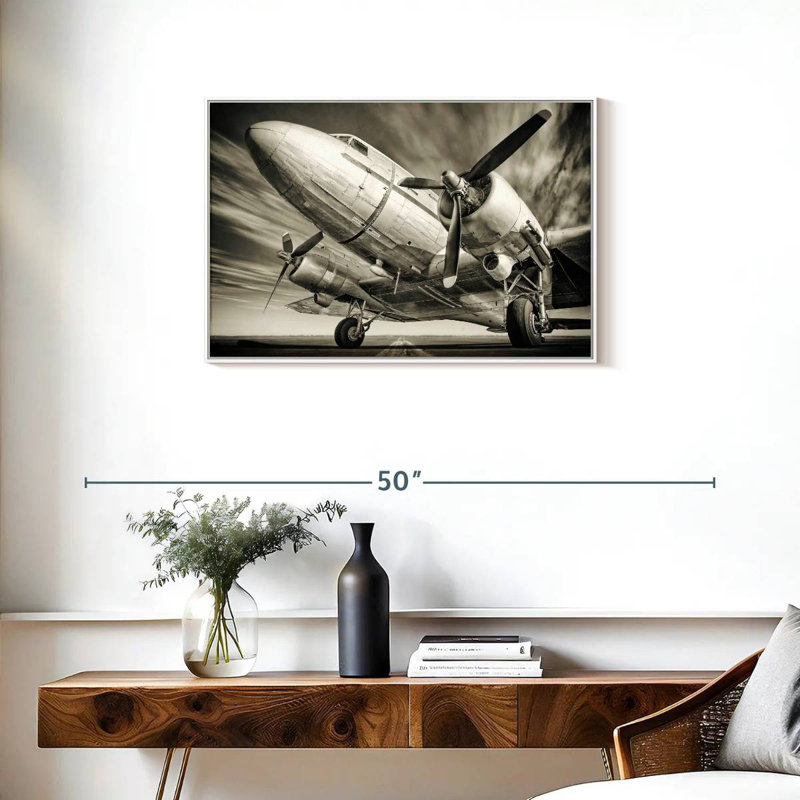 Avion rétro monochrome, Cadre flottant blanc, 31 po x 21 po