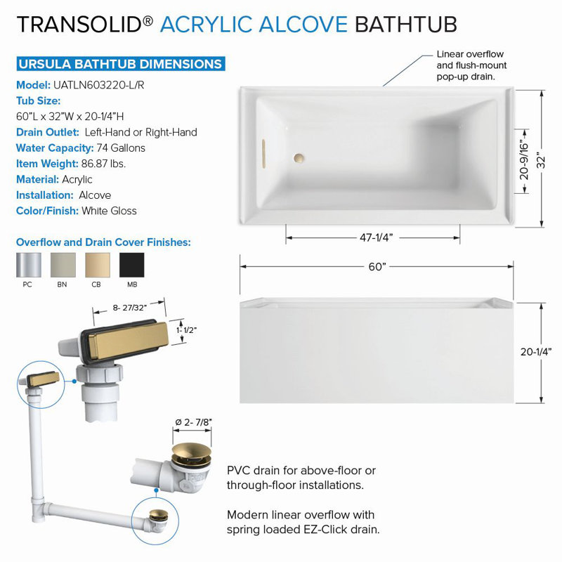 Transolid Unity 60-in x 32-in x 20-in Alcove Acrylic Bathtub Kit, White, Left, Bronze