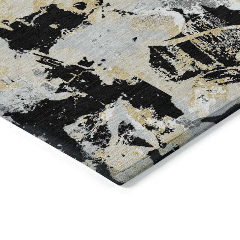 3' X 5' Black Gray And Light Brown Floral Washable Indoor Outdoor Area Rug
