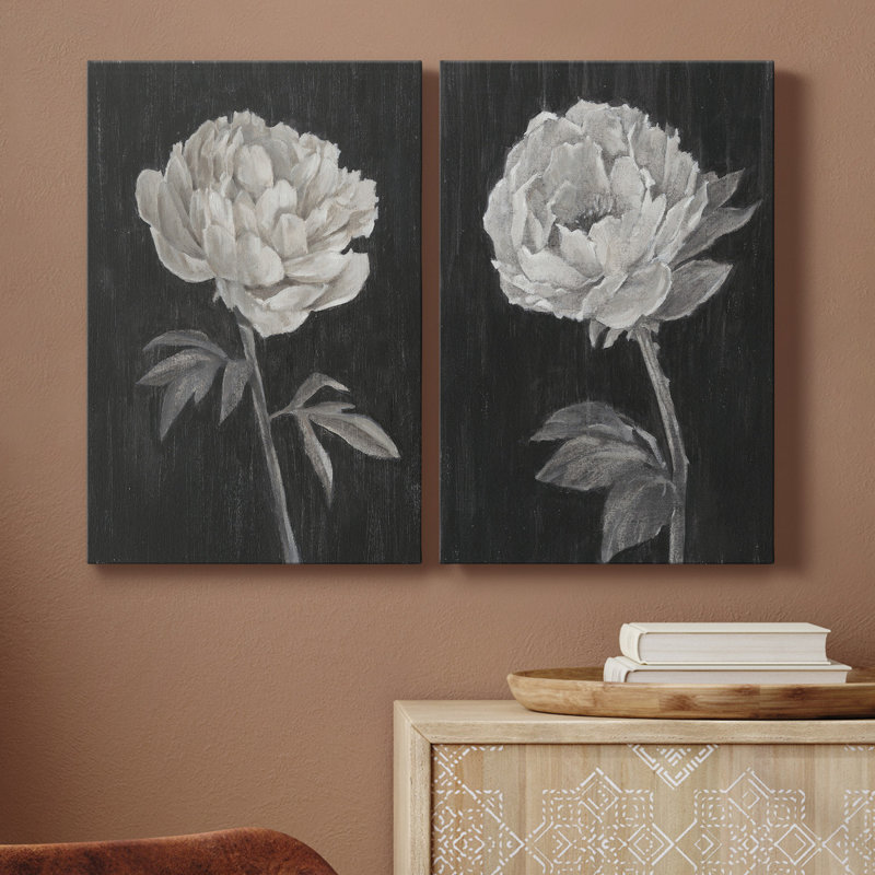 Fleurs noires et blanches I - Toile tendue avec châssis de qualité supérieure - prête à être accrochée