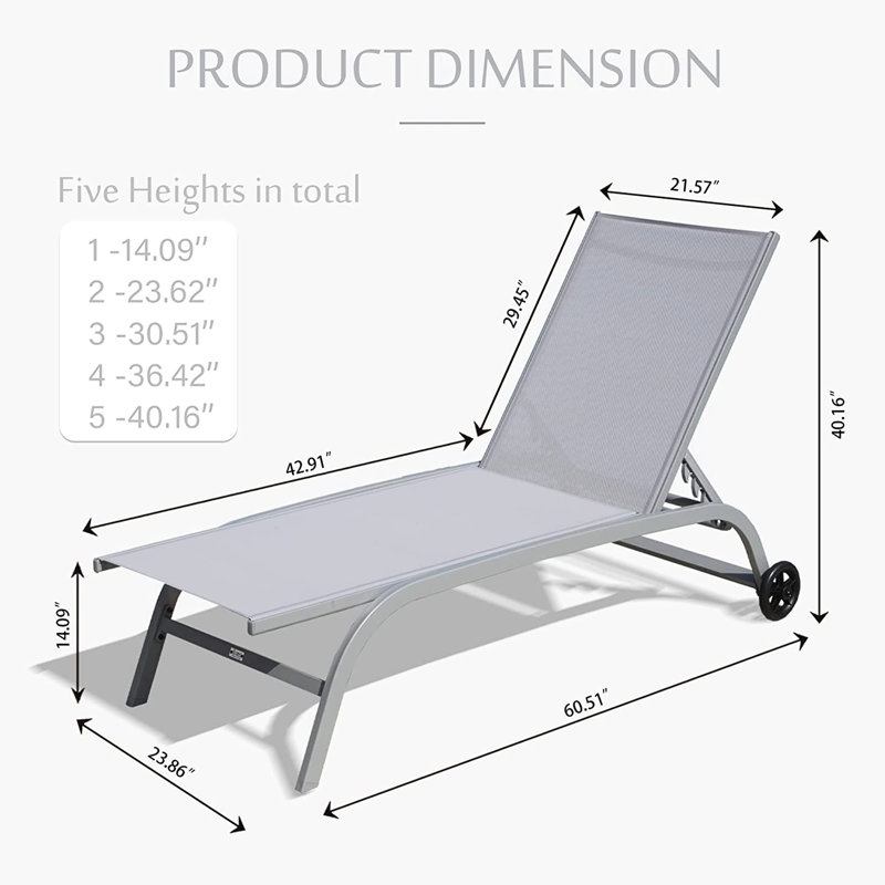 Méridiennes de patio grises - Tissu confortable, à rouille, à séchage rapide, avec roulettes de salon d'extérieur gris. 5 positions réglables, aluminium, revêtement, roues pour le transport, assemblage rapide