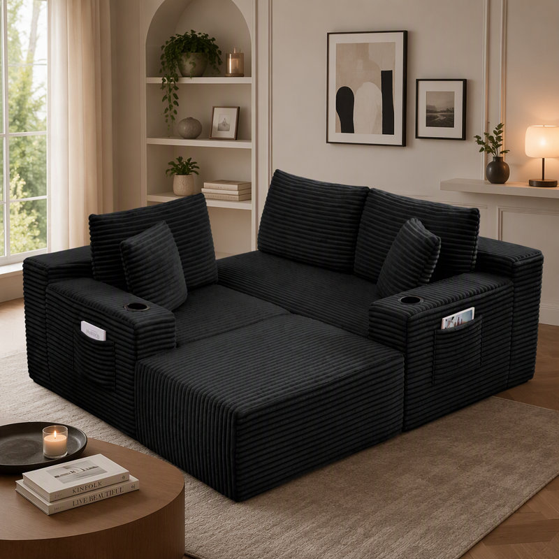 Canapé modulaire en L en velours côtelé avec repose-pieds et porte-gobelets, Velours côtelé noir, Noir