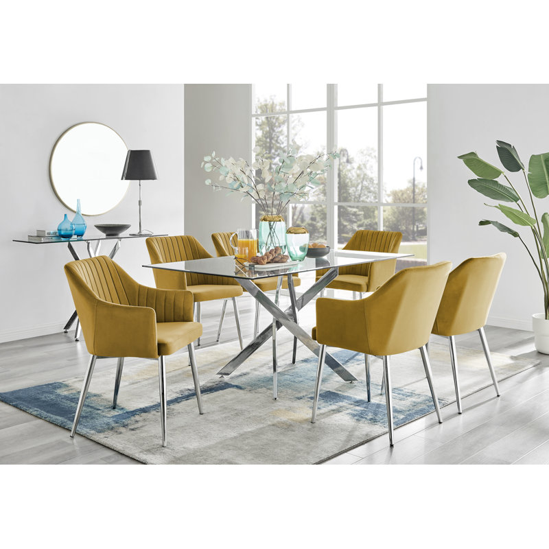Lenworth Chrome and Glass Rectangular Dining Table Set with 6 Luxury Modern Velvet Chairs