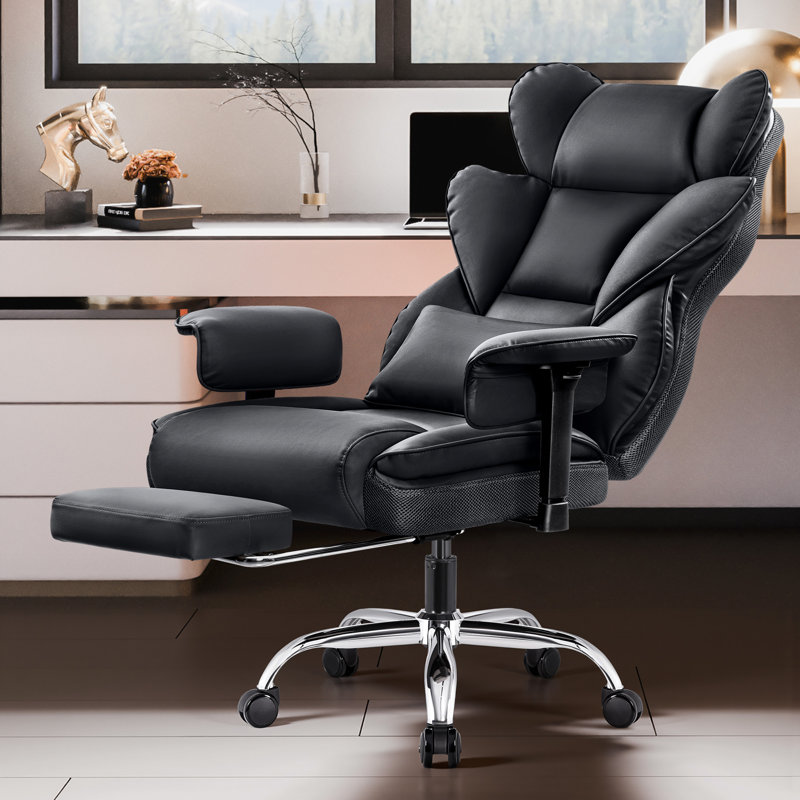 Fauteuil de bureau ergonomique réglable en cuir de luxe avec repose-pieds, Noir