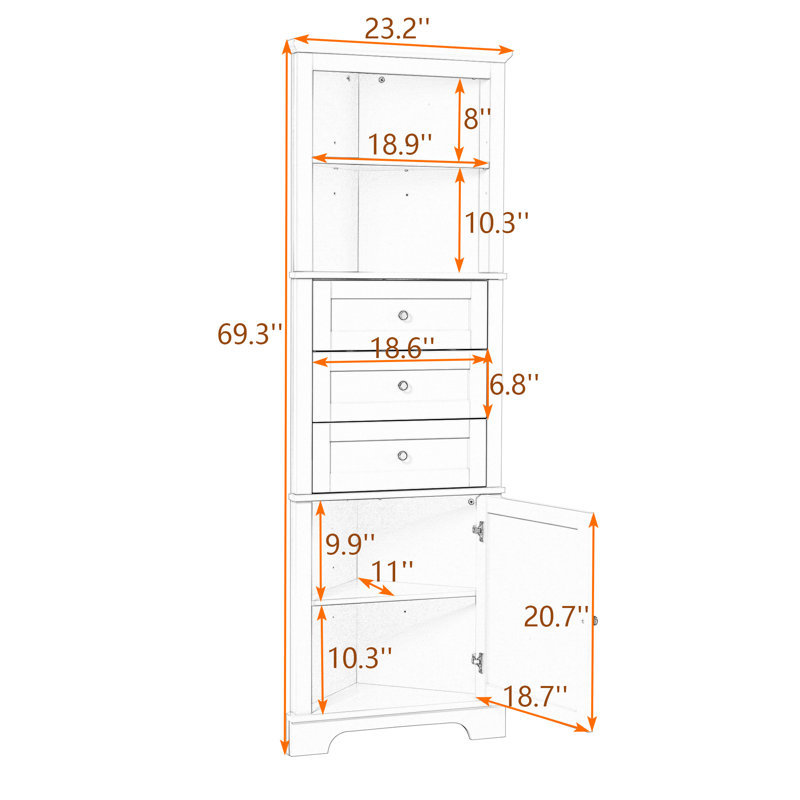 Triangle Bathroom Corner Cabinet with Adjustable Shelves, Triangle Drawers and Enclosed Storage, White
