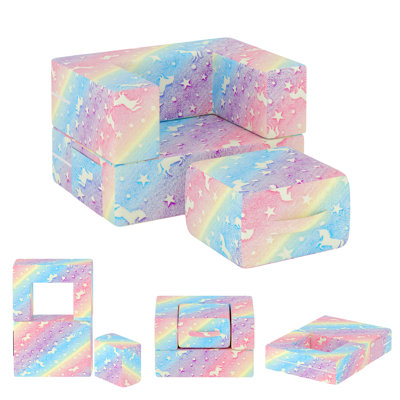 Folding Modular Sofa (Rainbow Unicorn Model), Suitable For Home Use! Soft Velvet Fabric, Comfortable Sponge Filling, And Equipped With A Foot Pedal