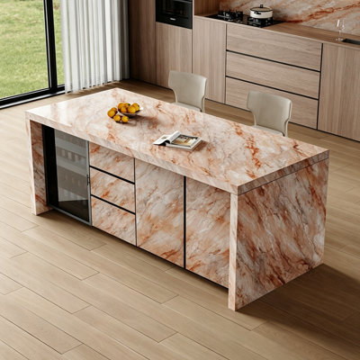 Îlot de cuisine en marbre pré-assemblé avec armoire vitrée, tiroirs et rangement - Table de salle à manger multifonctionnelle