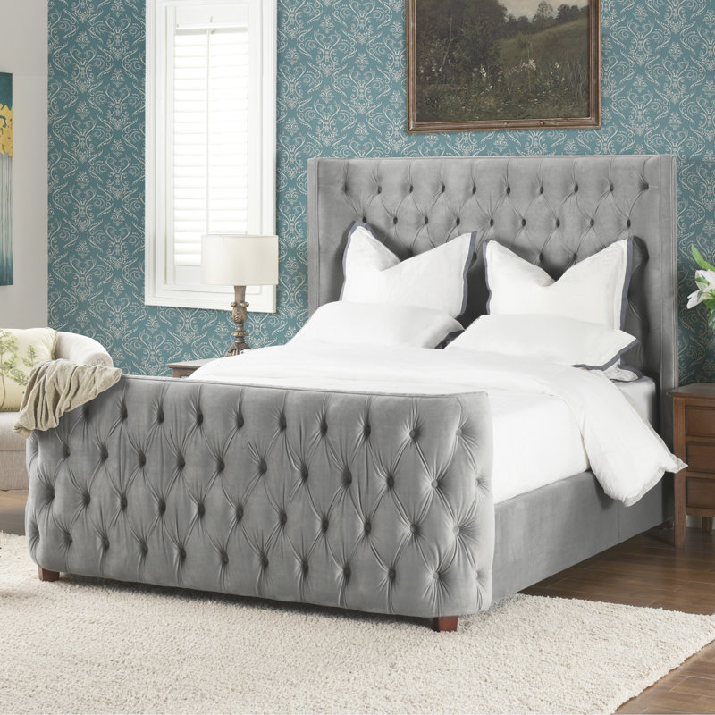 Currier Upholstered Wingback Bed, Queen, Opal Gray Velvet