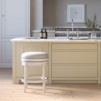 Dossier pivotant en bois de 26 po de hauteur sans dossier avec option de hauteur personnalisable, fonctionnalité 360, garniture cloutée appliquée à la main, travail décoratif, repose-pieds en métal pour une utilisation à long terme, plancher à patins en plastique, excellent