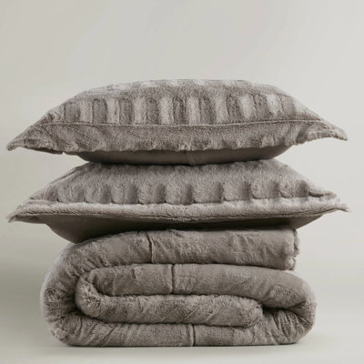 King/ King 3 Pcs Solid Faux Fur Comforter In Gray With Soft Mink Reverse, 2 Shams, Fill, End - To Box Sewn For Stability Stylish Brushed Fur, Filling, Sewn, Shams