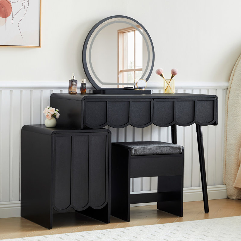 Ensemble de coiffeuse avec tabouret et miroir à DEL, Noir