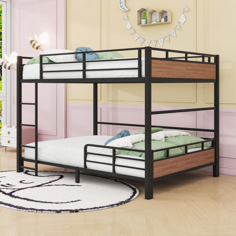 Metal Bunk Bed With Safety Rai, Walnut, Full XL Over Full XL
