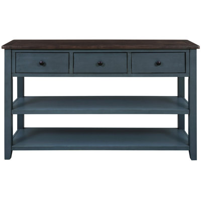 Console en bleu marine, 3 tiroirs et 2 tablettes ouvertes, table rétro de style Mid-Century bleu marine, fabrication en pin massif, plateau et tablettes pour la décoration intérieure