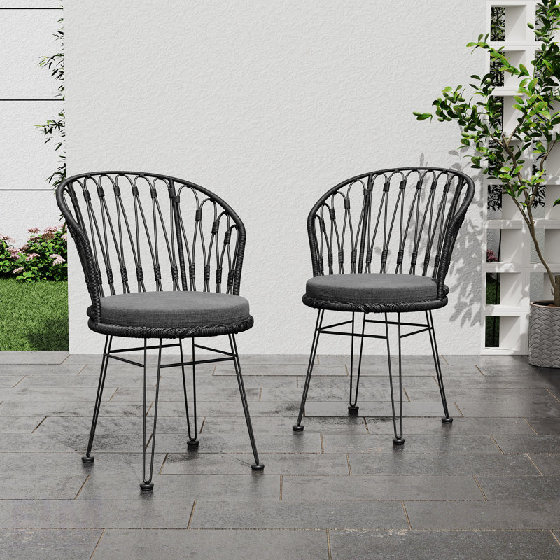 TAVON CHAIR, 2PCS avec 2 coussins, gris, durable et élégant Boho Chaises de salle à manger industrielles pour le patio et l'intérieur