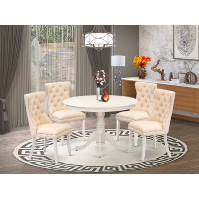 5 Piece Dining Room Set Includes a Round Dining Table with Pedestal and 4 Upholstered Parson Chairs