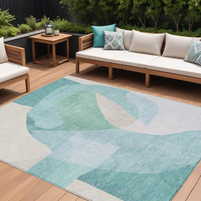 Tapis extérieur lavable abstrait turquoise et beige 9 pi x 12 pi