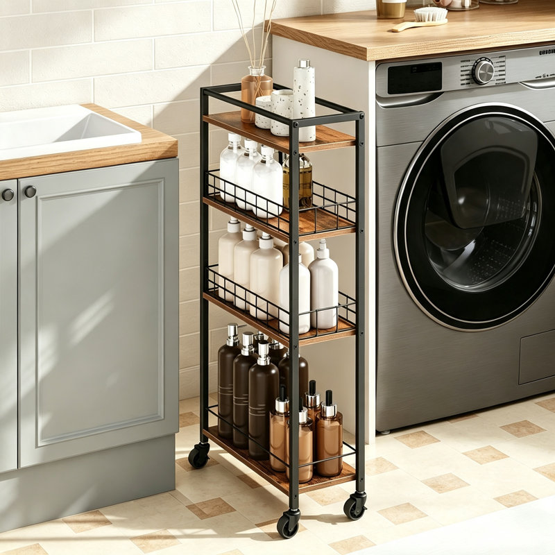 4 Tier Slim Rolling Kitchen Storage Cart with Metal Frame and Rustic Brown Shelves Narrow Trolley for Kitchen Dining Room and Laundry Room 44 x 18 x 84 cm