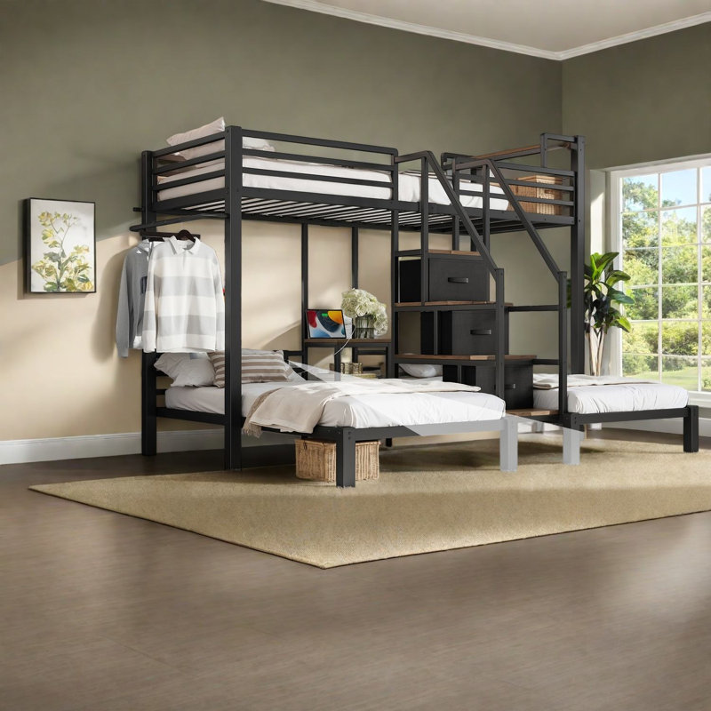 Lits gain d'espace avec rangement, lit simple triple avec cadre en métal, pour maison familiale moderne, Noir
