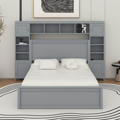 Queen Size Wooden Bed With Cabinet, Shelf And Sockets