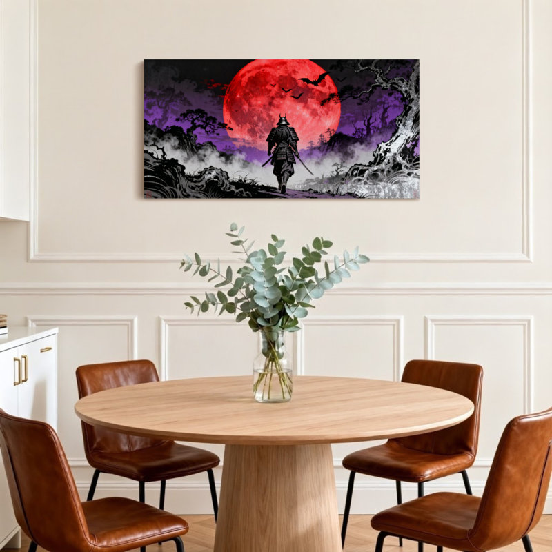 Paysage et nature Samurai Warrior Under Red Moon Night Landscape, H 28 po x l 58 po