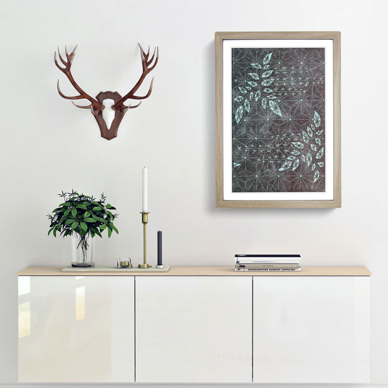 Japanese Geometric Leaf Design - Picture Frame Graphic Art Print, 48cm H x 36cm W x 2cm D, Oak Framed