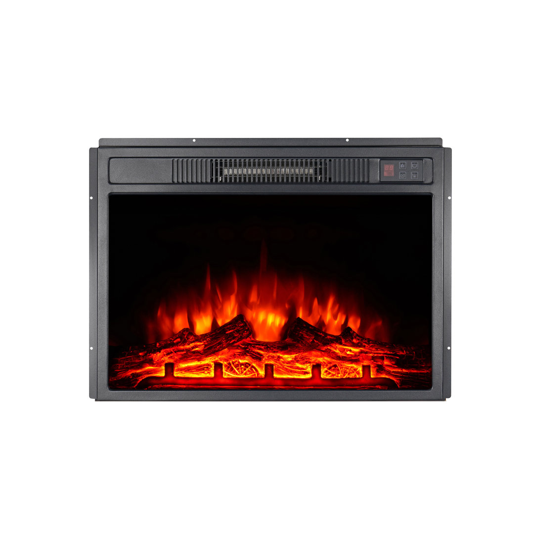 This recessed electric fireplace has 3-color adjustable flames, 750W/1500W heat, thermostat & timer. Quiet, smokeless, no open flame, with overheat pr