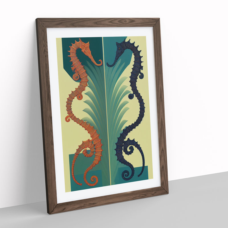 Two Seahorses - Wall Art, 48cm H x 36cm W, Walnut Picture Frame, White