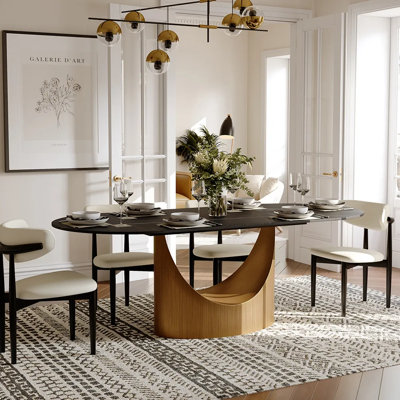 Modern Minimalist Oval Dining Table with Sintered Stone Tabletop, Pedestal Base Dining Table