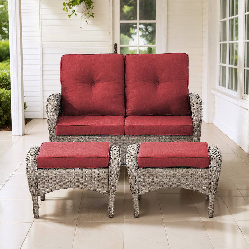 Causeuse de terrasse extérieure en osier de 50 po de large avec repose-pieds, Gris, Rouge