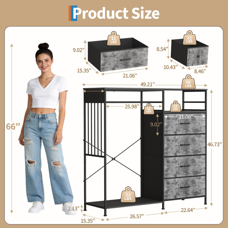 Commode en tissu avec support suspendu, armoire à 6 tiroirs avec lumières DEL et station de charge, Gray