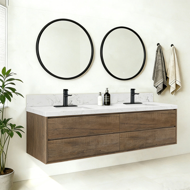 Meuble-lavabo mural moderne avec tiroirs flottants, 84", Chêne foncé